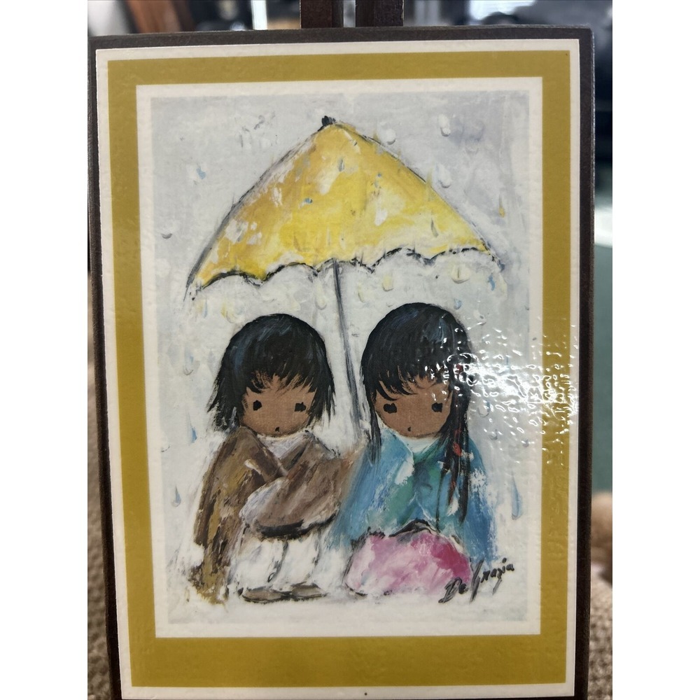 Ted DeGrazia Wood Plaque "Walking in the Rain" RARE Vintage 6X4.75 Inches Art